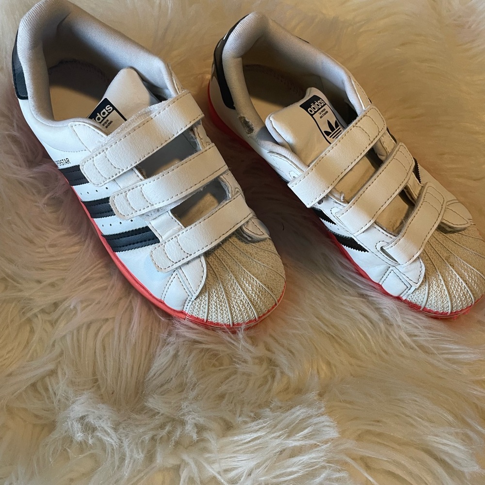 Adidas Kids White and Black Sneakers with Red Soles